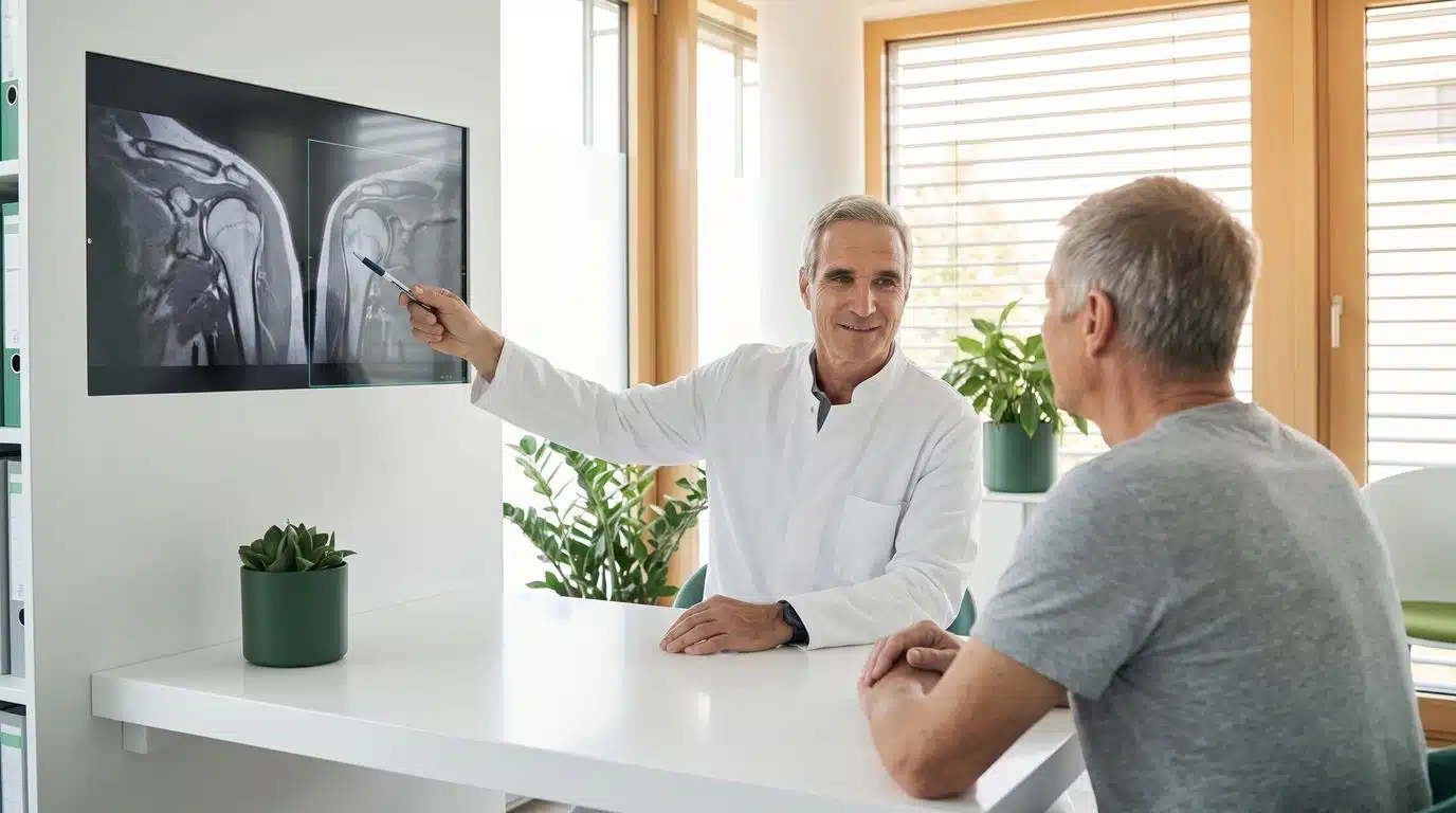 MRT der Schulter: Befund und Sehnenriss besprechen Orthopäde bespricht mit einem Patienten die MRT-Aufnahme der Schulter und einen möglichen Sehnenriss