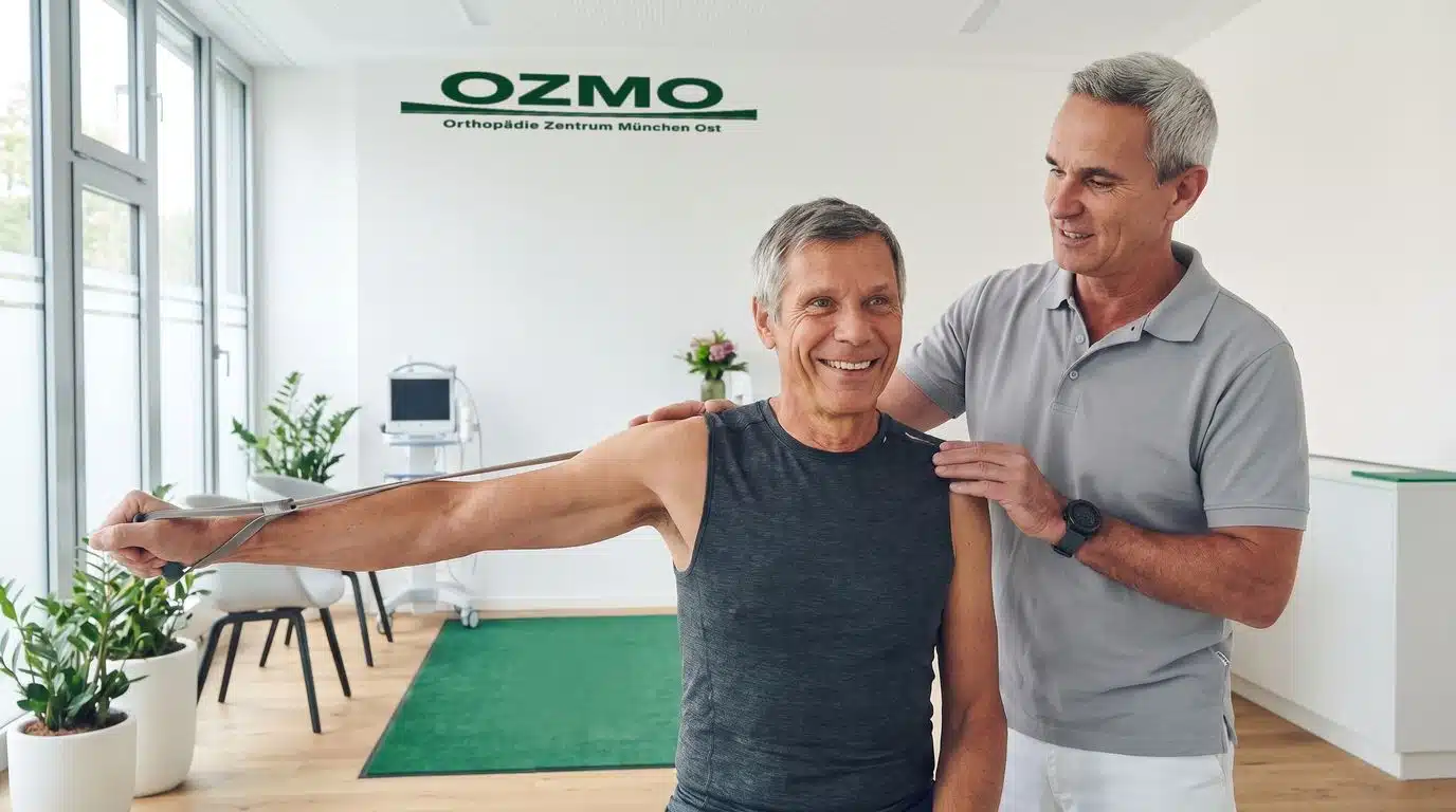 Schulter-Rehabilitation mit Theraband nach der Operation Patient trainiert die Schulter mit einem Theraband unter Anleitung des Orthopäden nach einer Sehnenoperation