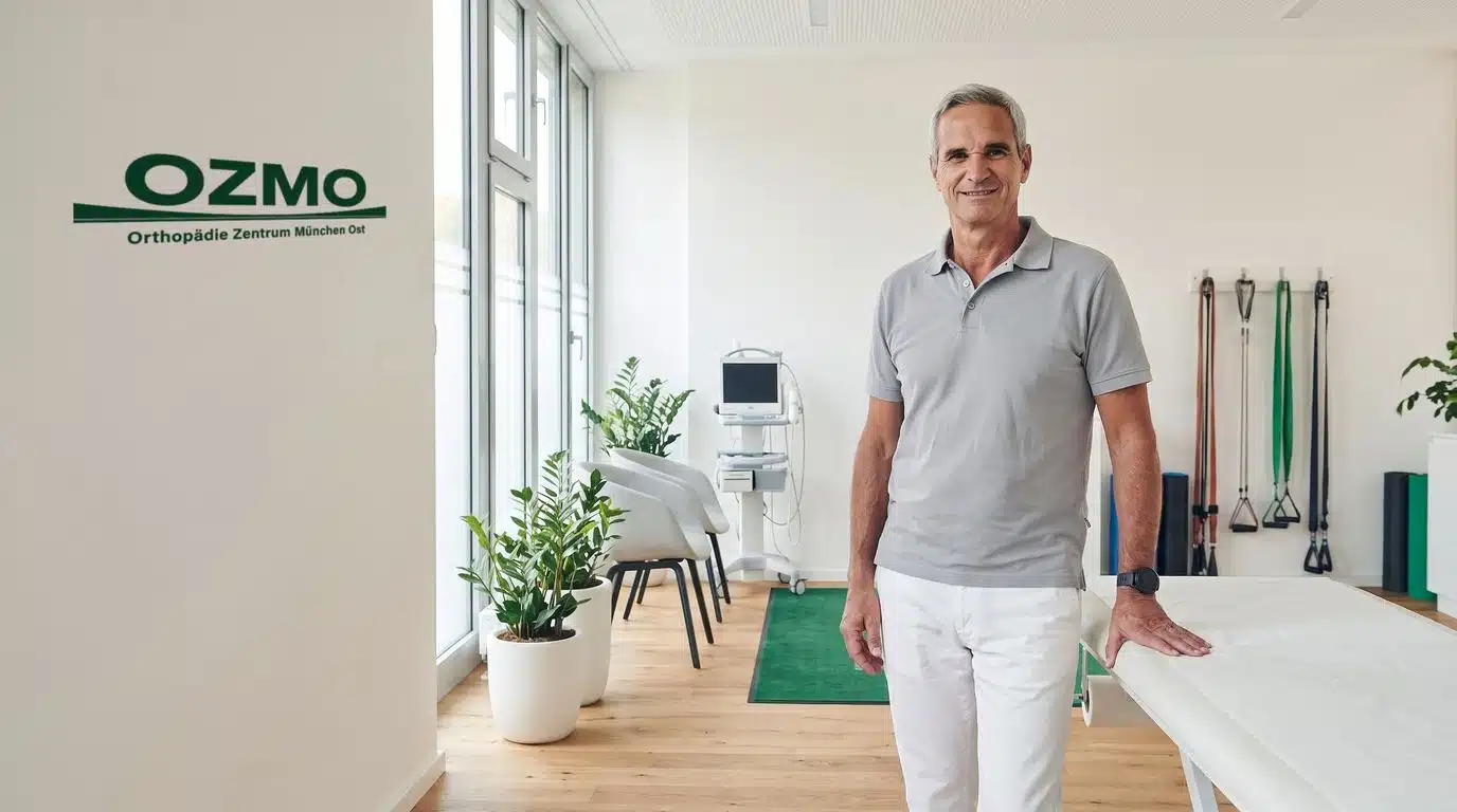 Schulterschmerzen behandeln im Orthopädie Zentrum München Ost Orthopäde im hellen Therapieraum des Orthopädie Zentrums München Ost, wo Schulterschmerzen behandelt werden