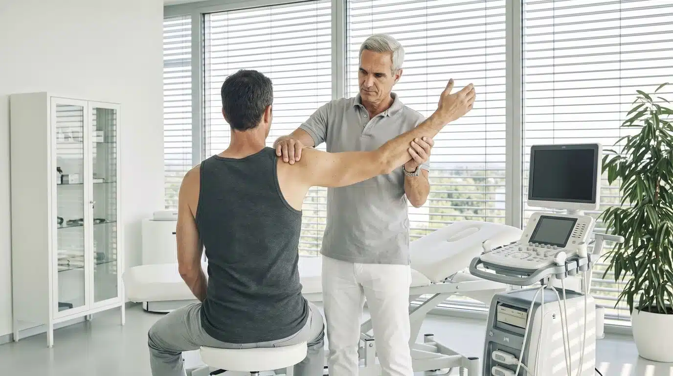 Prof. Dr. Peter Diehl untersucht die Schulter eines Patienten vor dem MRT-Monitor