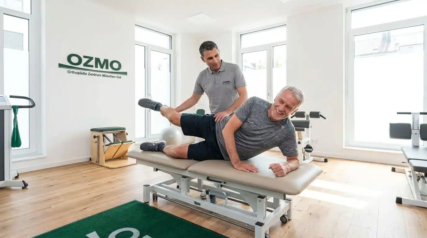 Kniearthrose: klinische Untersuchung im Orthopädiezentrum München Ost PD Dr. Johannes Schauwecker untersucht das Bein eines Patienten auf der Liege im Orthopädiezentrum München Ost