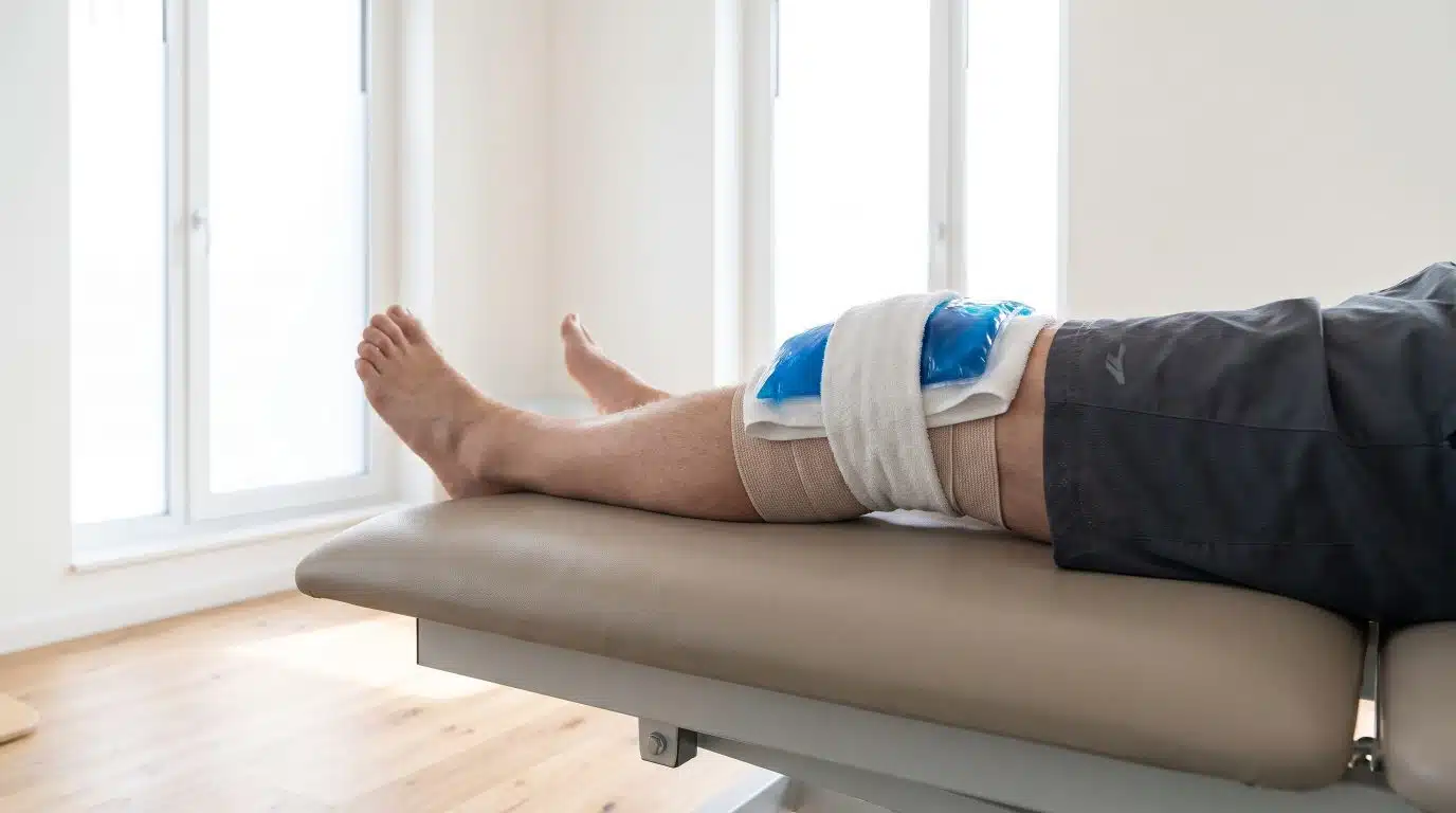 Kältetherapie: Kühlpack am Knie Blaues Gel-Kühlpack mit Handtuch und elastischer Binde am Knie eines Patienten auf der Behandlungsliege