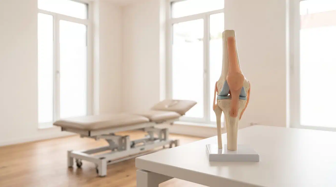 Anatomisches Modell eines Kniegelenks auf dem Schreibtisch im Praxisraum