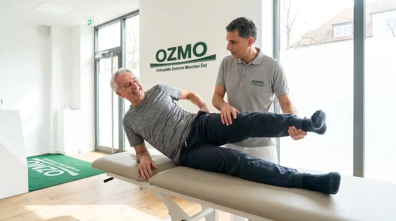 PD Dr. Johannes Schauwecker prüft die Beweglichkeit des Beins eines Patienten