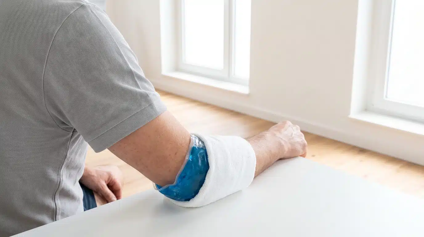 Kühlpack mit Handtuch am Ellenbogen eines Patienten im Praxisraum