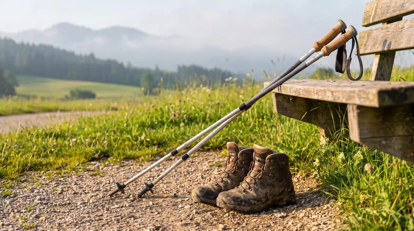 Wanderstöcke und Wanderschuhe an einer Bank auf einem Alpenweg
