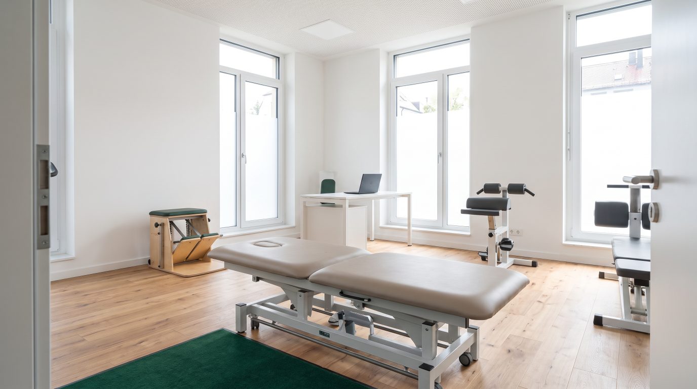 Kniearthrose: Behandlungsraum im Orthopädiezentrum München Ost Heller Behandlungsraum mit Liege und Trainingsgeräten